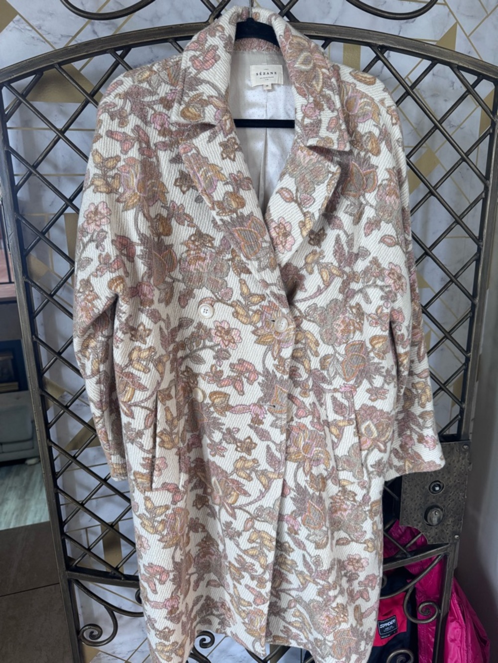 Sezane Cream Coat with Blush & Brown Floral Jacquard
